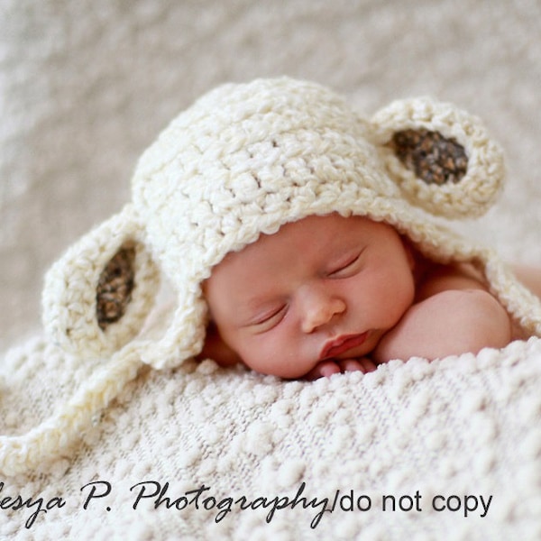 Download PDF crochet pattern 047 - Sheep Earflap hat- Multiple sizes from newborn through age 4