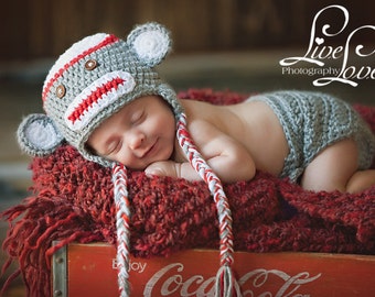 Download PDF crochet pattern - Sock Monkey hat and diaper cover - Photography Prop