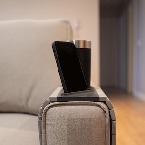 First Stop – 3D Printed Couch Arm Tray | Phone + Cup Holder | Minimalist Sofa Caddy | Functional Couch Organizer | Gift for Him or Her