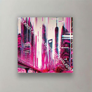 May include: Abstract cityscape art print with tall buildings in pink and black. A bridge is in the foreground. The artist's name, APRILKEIST ART, is printed on the left side of the image.