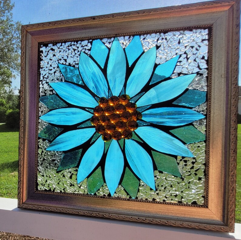 Stained Glass Mosaic Wooden Window Repurpose blue Coneflower Daisy Flower Etsy