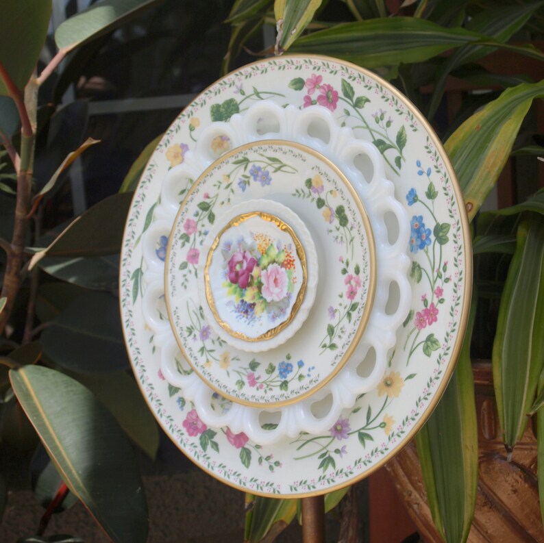 Vintage Repurpose Glass Plate Flower pink roses gold shabby Etsy