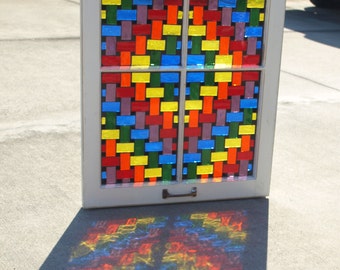 Stained Glass Mosaic Wooden Window Repurpose "The Rainbow Weaver"