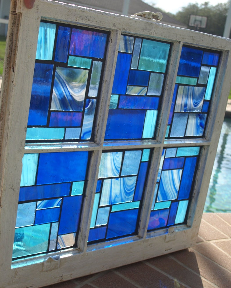 Blue Stained Glass Mosaic Vintage Repurpose Wooden Window | Etsy