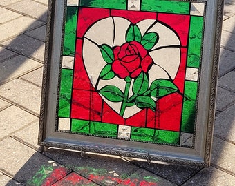 Red Rose Heart Stained Glass Mosaic Wooden Window Repurpose Green Beveled