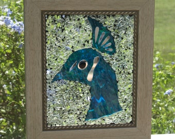 Stained Glass Mosaic Turquoise blue Peacock Window Repurpose Frame