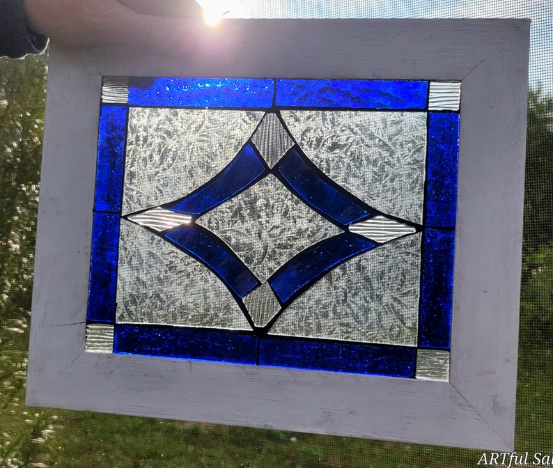 Stained Glass Mosaic Blue Victorian Window Repurpose Frame image 1