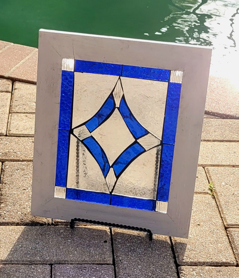 Stained Glass Mosaic Blue Victorian Window Repurpose Frame image 8