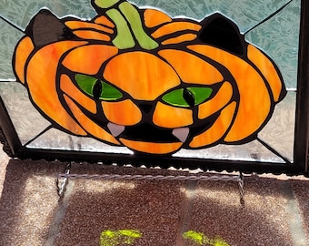 PUMPKIN SPICE KITTY Pumpkin Cat Jack o' lantern Halloween Stained Glass Mosaic Orange Black Frame