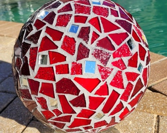 Red Repurpose Gazing Ball Glass Mirror Mosaic Bowling Unbreakable garden art