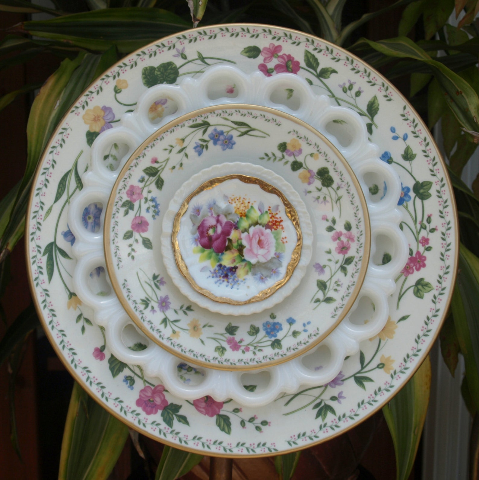 Vintage Repurpose Glass Plate Flower pink roses gold shabby Etsy