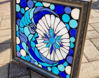 Stained Glass Mosaic Mirror Face in the Moon Blues White Iridescent Repurpose Frame "La Luna Bleu" Circles Spheres Stars Starburst Goddess