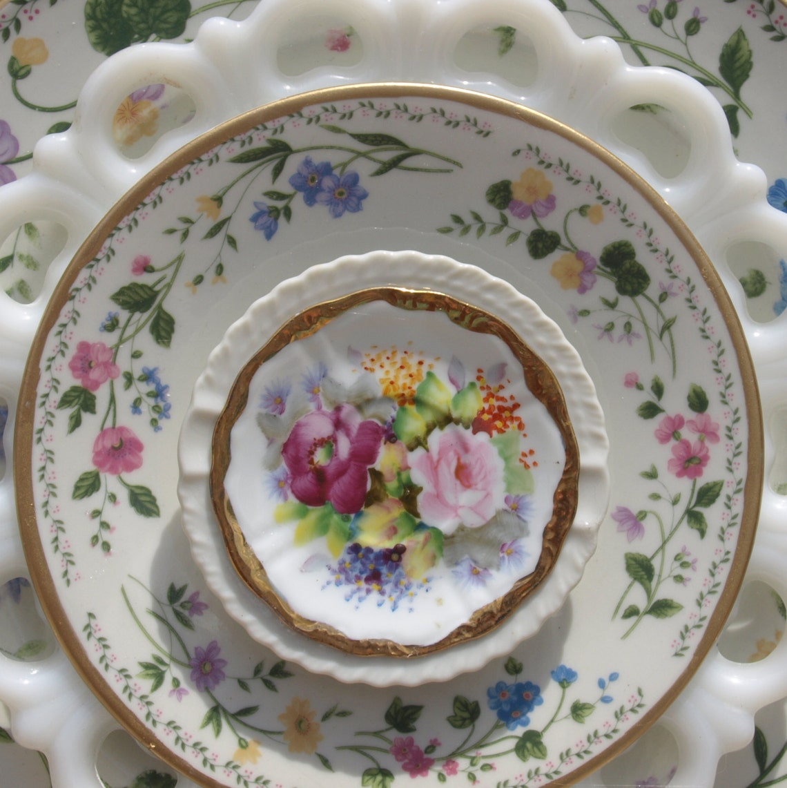 Vintage Repurpose Glass Plate Flower pink roses gold shabby Etsy