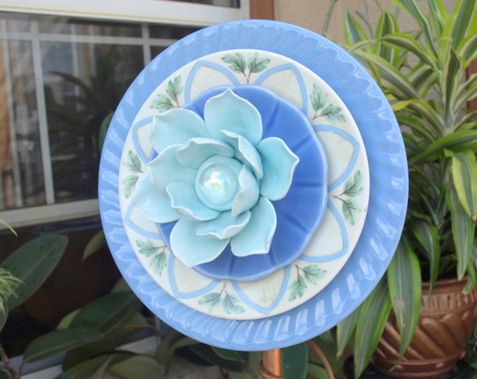 Blue Repurpose Glass Plate Flower Lotus Water Lily Garden Art Etsy