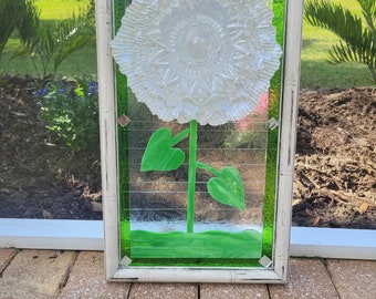 Stained Glass Mosaic Crystal Clear Flower Egg Plate Salt Shaker Window Repurpose Frame ever blooming Frameable Federal Petal Garden Art