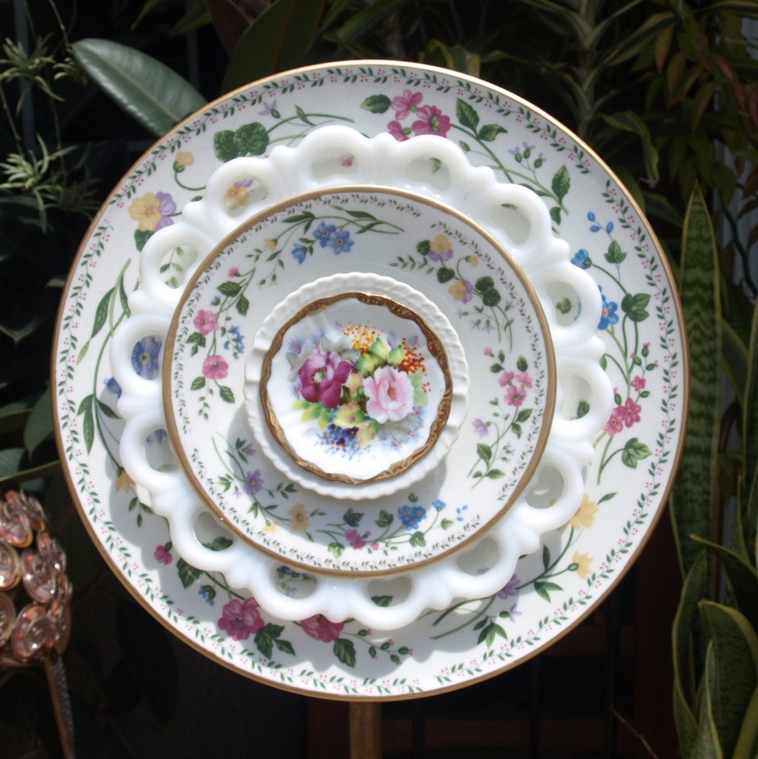 Vintage Repurpose Glass Plate Flower pink roses gold shabby Etsy