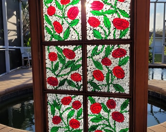 Stained Glass Mosaic Window Wood Cabinet Door Repurpose "Painting the Roses Red" Alice in Wonderland