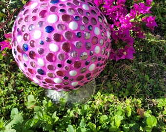 Repurpose Gazing Ball Pink Mosaic Bowling Unbreakable garden art flamingo barbie awareness glass stones marbles bright OOAK