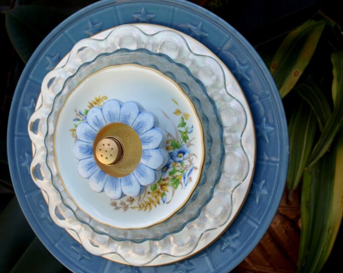 Blueyellow Stars Repurpose Glass Plate Flower Vintage Etsy