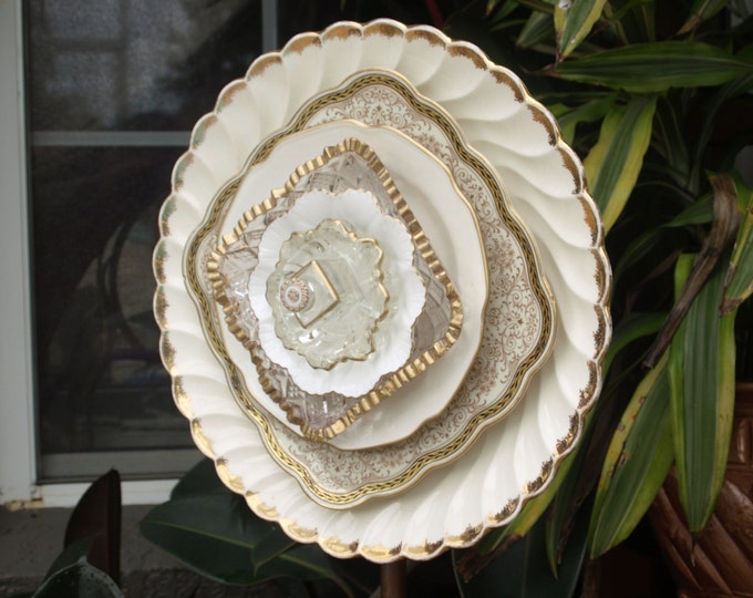 Gold White Elegant Repurpose Glass Plate Flower Vintage Etsy