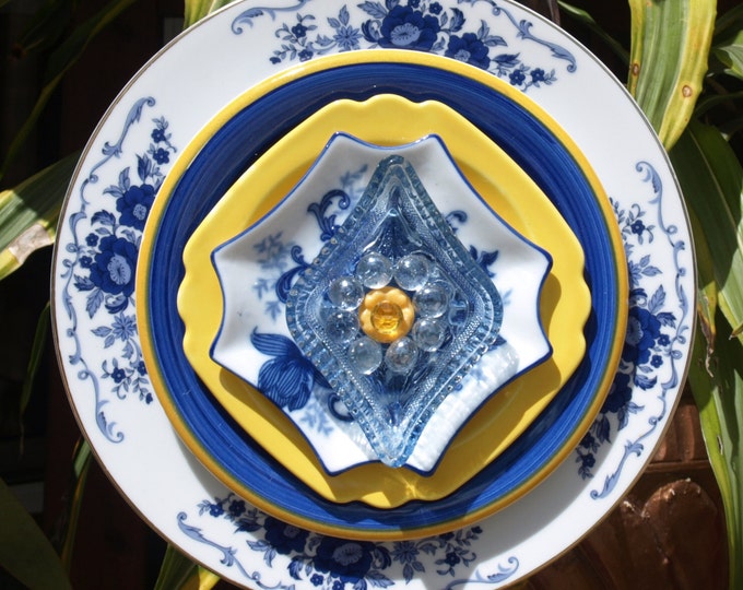 Blue Yellow Repurpose Glass Plate Flower Vintage Etsy