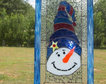 High Hat Snowman Frosty Stained Glass Mosaic Framed Blue
