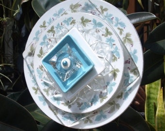 Soft Blue Teal Turquoise Repurpose Glass Plate Flower vintage