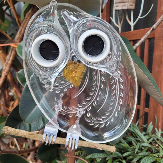 Whooo Owl Hoot Glass Plate Flower Repurposed Garden Art Snack Set