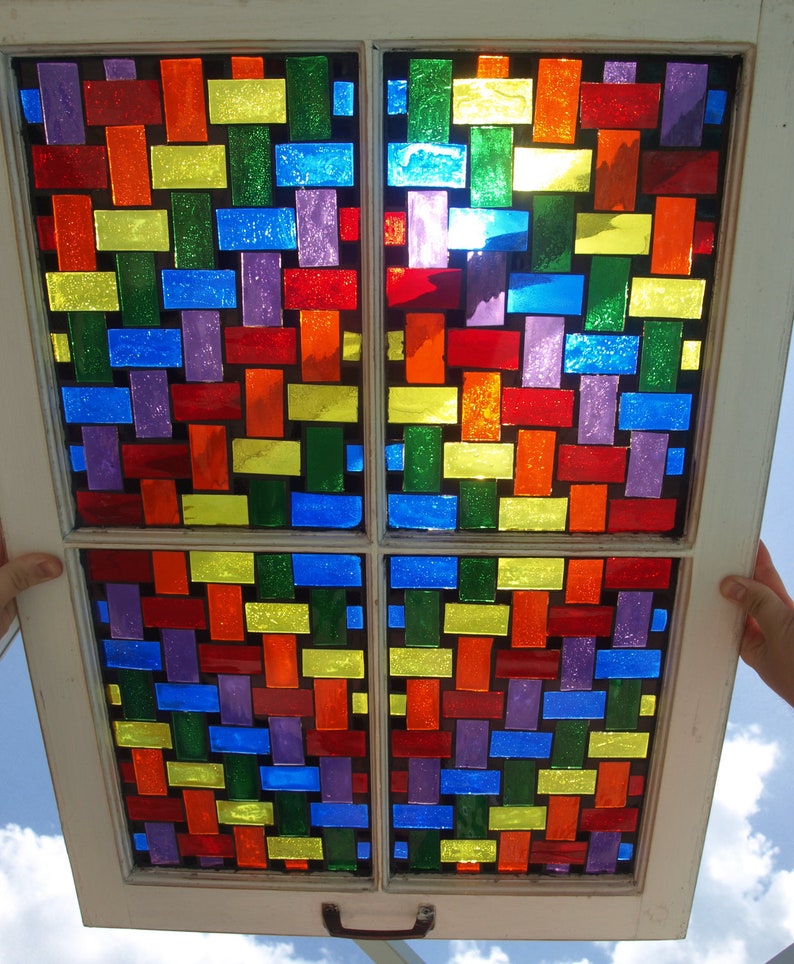 Stained Glass Mosaic Wooden Window Repurpose the Rainbow Weaver Etsy