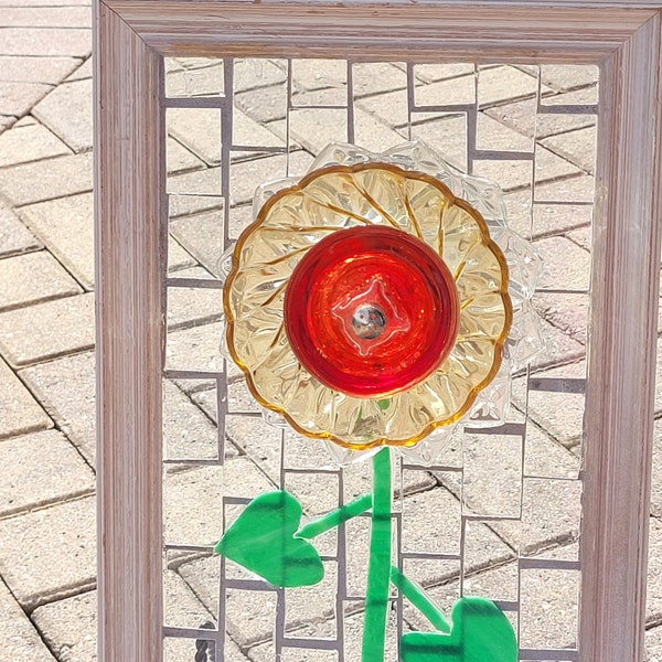 Stained Glass Mosaic Crystal Clear Plate Flower Window Repurpose Frame Amber Orange Red Grass "fleur de feuor" or  "Fire Flower"