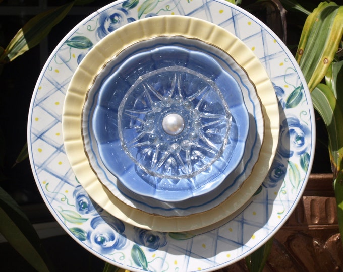 Blue Yellow Repurpose Glass Plate Flower Vintage Etsy