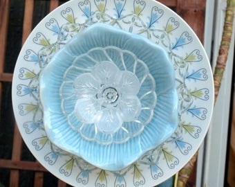 Blue Daisies Roses Chintz Repurpose Glass Plate Flower vintage Garden Art