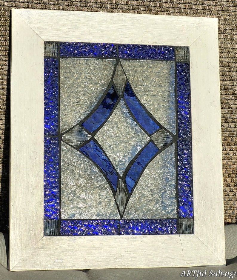 Stained Glass Mosaic Blue Victorian Window Repurpose Frame image 5