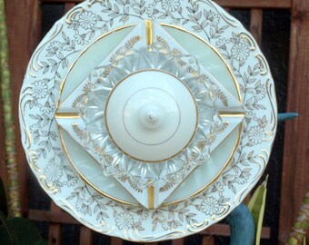 Gold White Elegant Repurpose Glass Plate Flower vintage Lid Salvage Garden