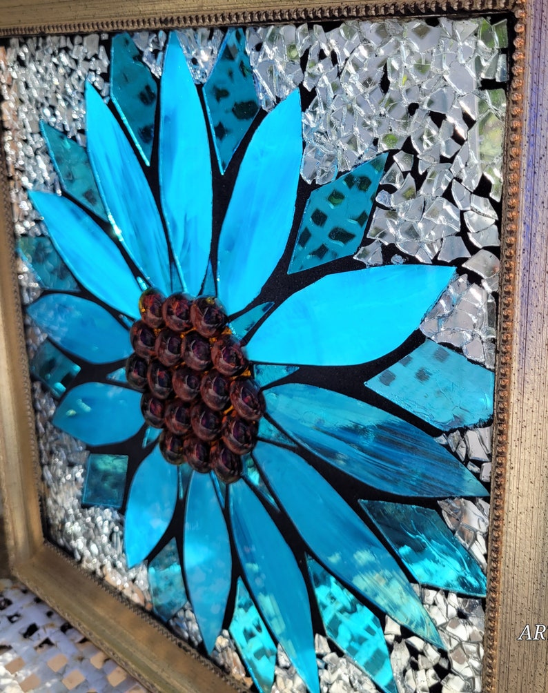 Stained Glass Mosaic Wooden Window Repurpose blue Coneflower Daisy Flower Etsy