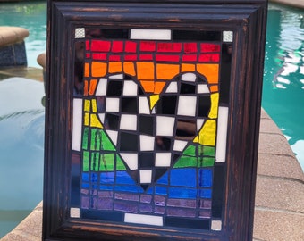 Rainbow Heart Fun Funky Alice Wonderland Checkerboard Whimsy Stained Glass Mosaic Frame Black White Wooden Window Repurpose