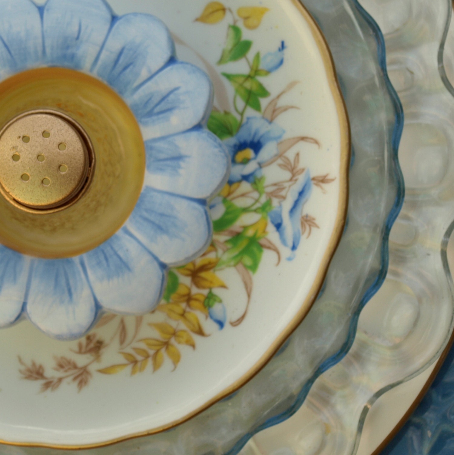 BlueYellow Stars Repurpose Glass Plate Flower vintage Etsy