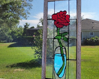 Stained Glass Mosaic Ruby Red Rose Vase Window Repurpose Frame Vintage