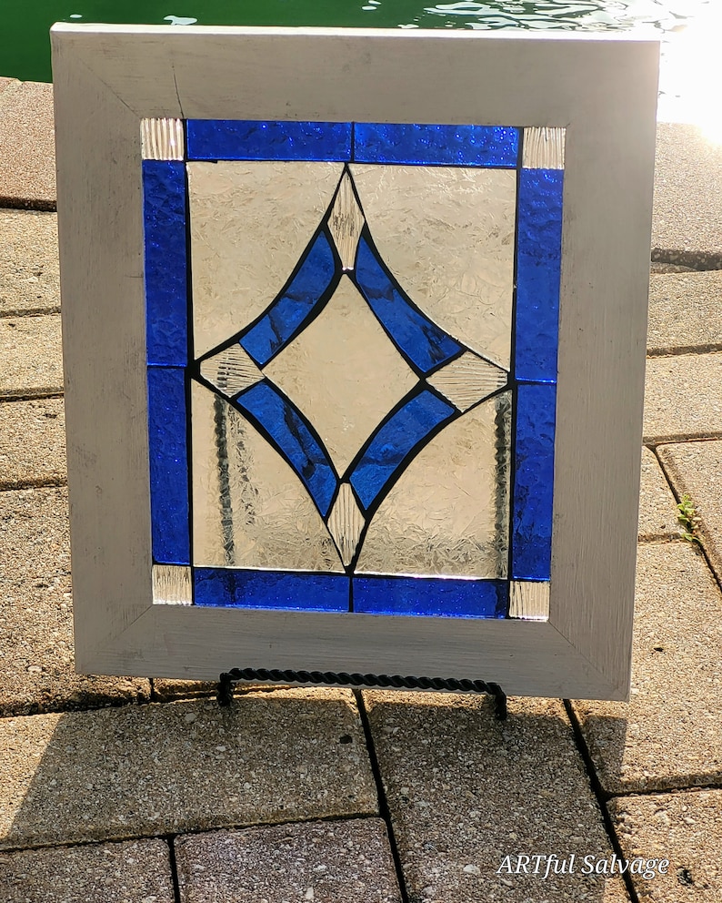 Stained Glass Mosaic Blue Victorian Window Repurpose Frame image 3