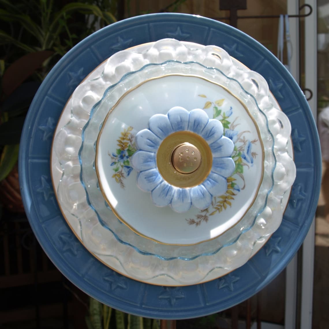 BlueYellow Stars Repurpose Glass Plate Flower vintage Etsy