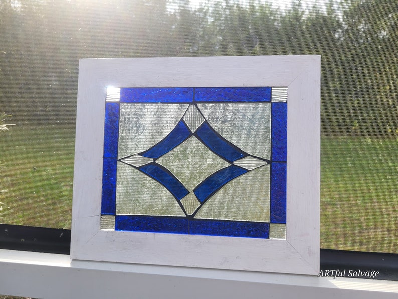 Stained Glass Mosaic Blue Victorian Window Repurpose Frame image 4