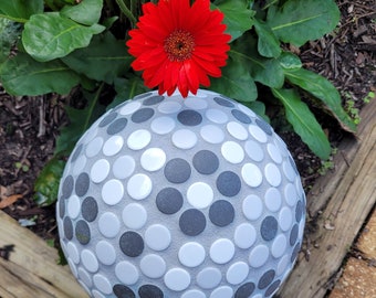 Repurpose Gazing Ball Penny Tiles Round Circles Gray Black White Mosaic Bowling Unbreakable garden art Face Skelton planet