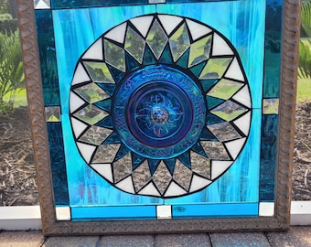 Stained Glass Mosaic Blue Turquoise Teal Carnival Glass Lid Bevels Window Repurpose Frame OOAK Mandala Irridescent