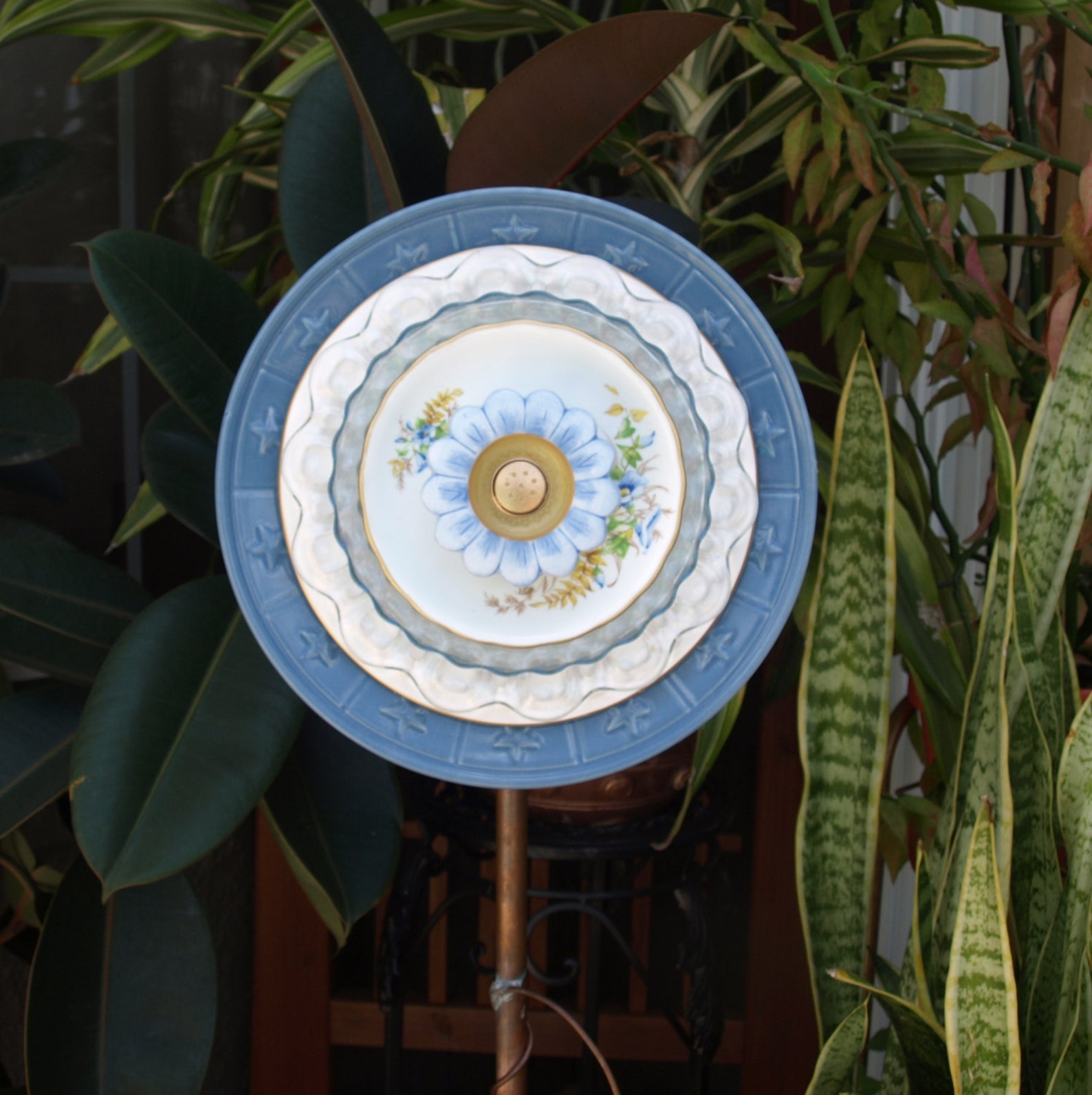 BlueYellow Stars Repurpose Glass Plate Flower vintage Etsy