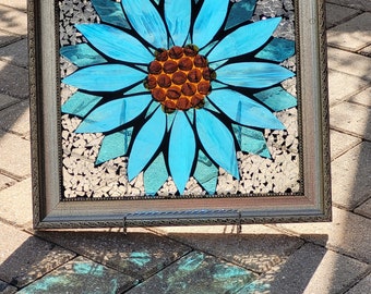 Stained Glass Mosaic Wooden Window Repurpose "Blue Coneflower" Daisy Flower