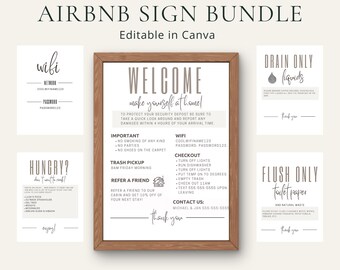 Paquete de letreros de bienvenida para Airbnb / Plantilla editable de Canva / Normas de la casa, letrero de WiFi e instrucciones de salida para Airbnb / Kit para anfitriones de alquileres vacacionales