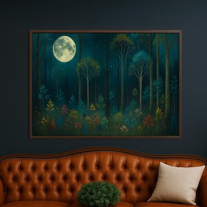 Framed Forest Moonlight Canvas Wall Art: Enchanted Woodland Print