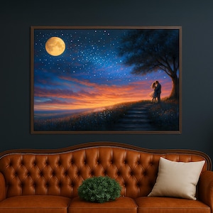 Romantic Lovers Under Full Moon Canvas Wall Art, Starry Sky Night Scene on Hilltop, Dreamy Couple Print for Bedroom & Gift Decor