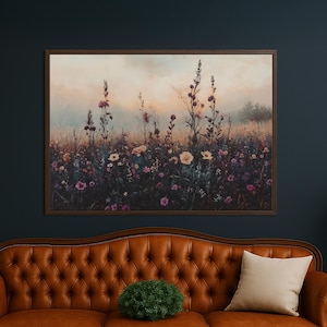 Moody Wildflower Field Canvas, Dark Autumn Floral Landscape Print, Misty Cottagecore Nature Wall Art, Vintage Style for Farmhouse Decor.