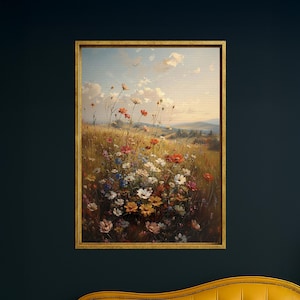 Wildflower Meadow Canvas Art: Sunset Floral Field, Framed Print